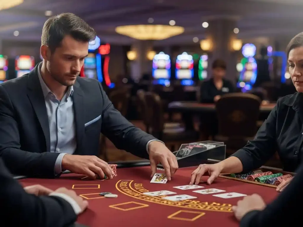 Casino blackjack player holding cards during live gameplay at a real money casino