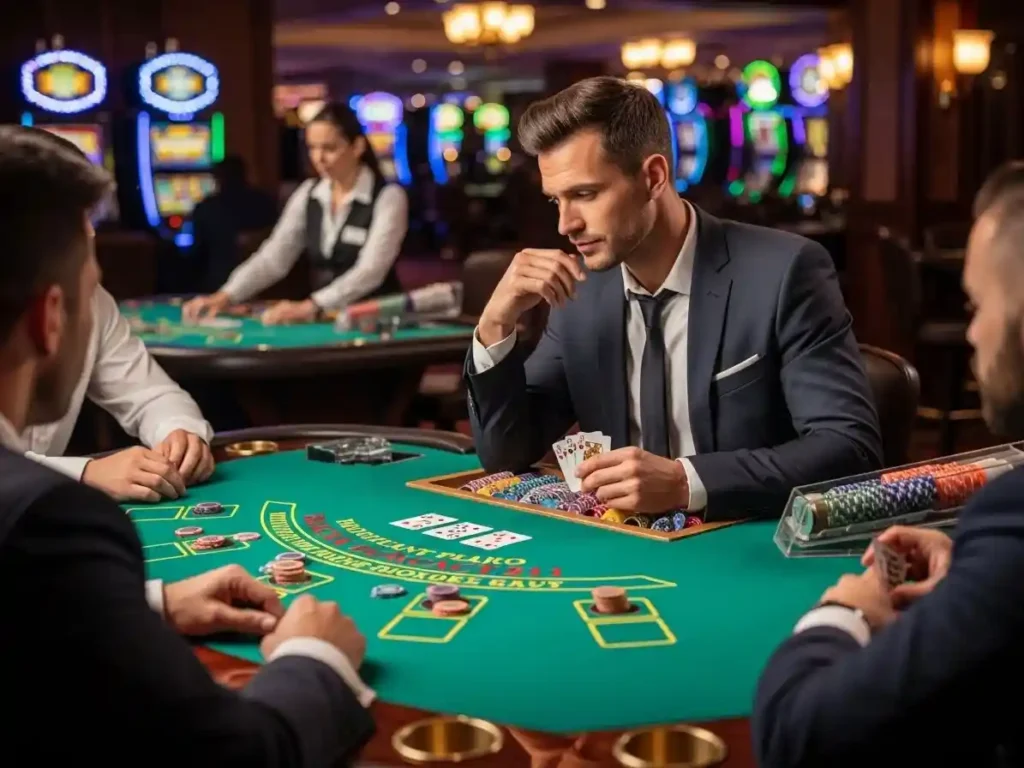 Person playing casino blackjack 21 at a table in a real money casino