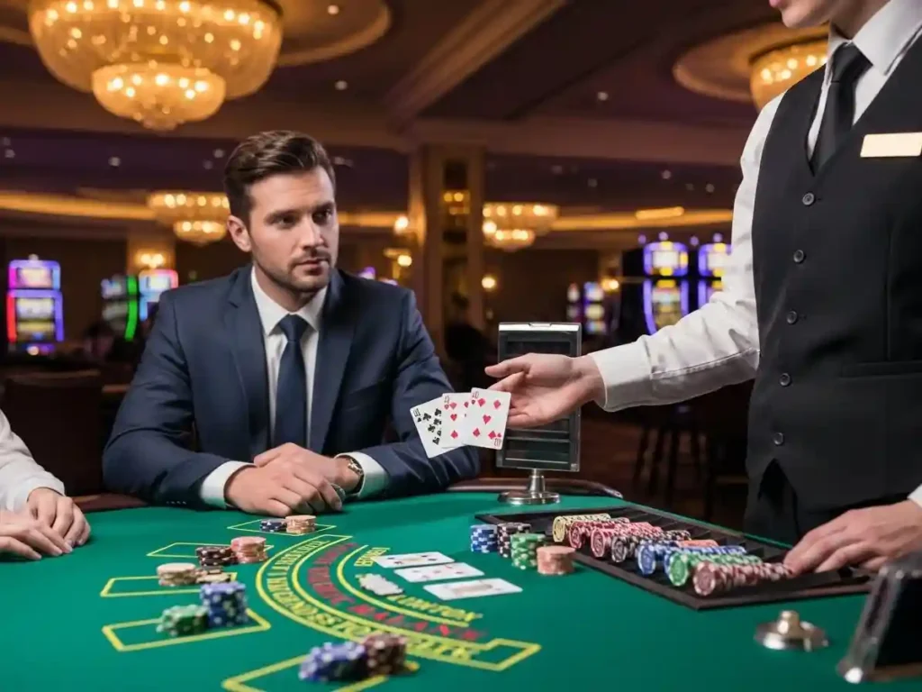 Professional gambler playing casino blackjack 21 indoors at a real money casino