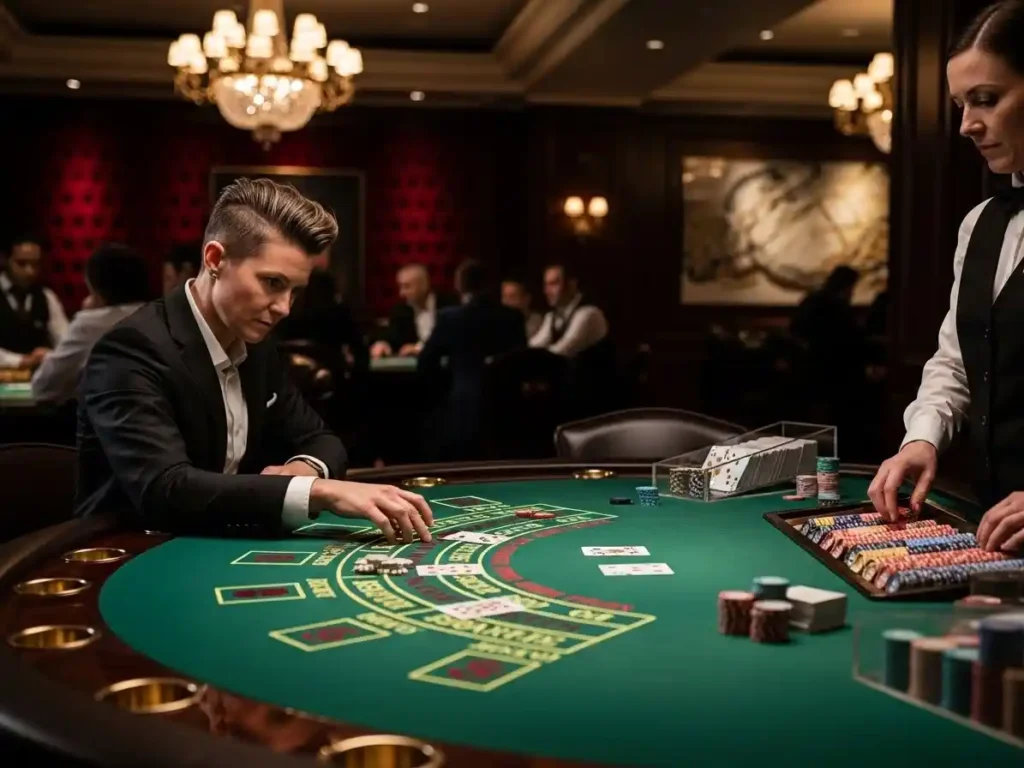 Person playing casino baccarat at a table on a casino platform