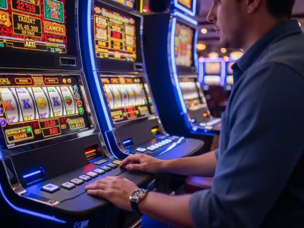 Professional gambler playing casino slots in a casino environment at tmt casino