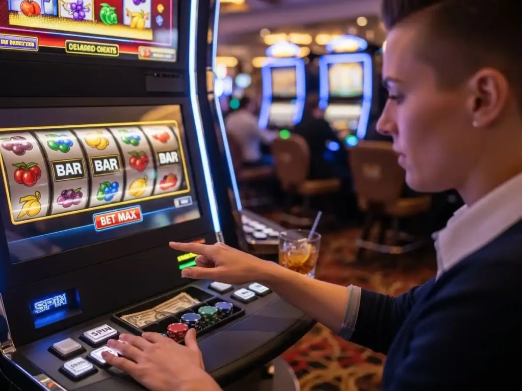 Person playing casino slots at a gaming machine in tmt casino
