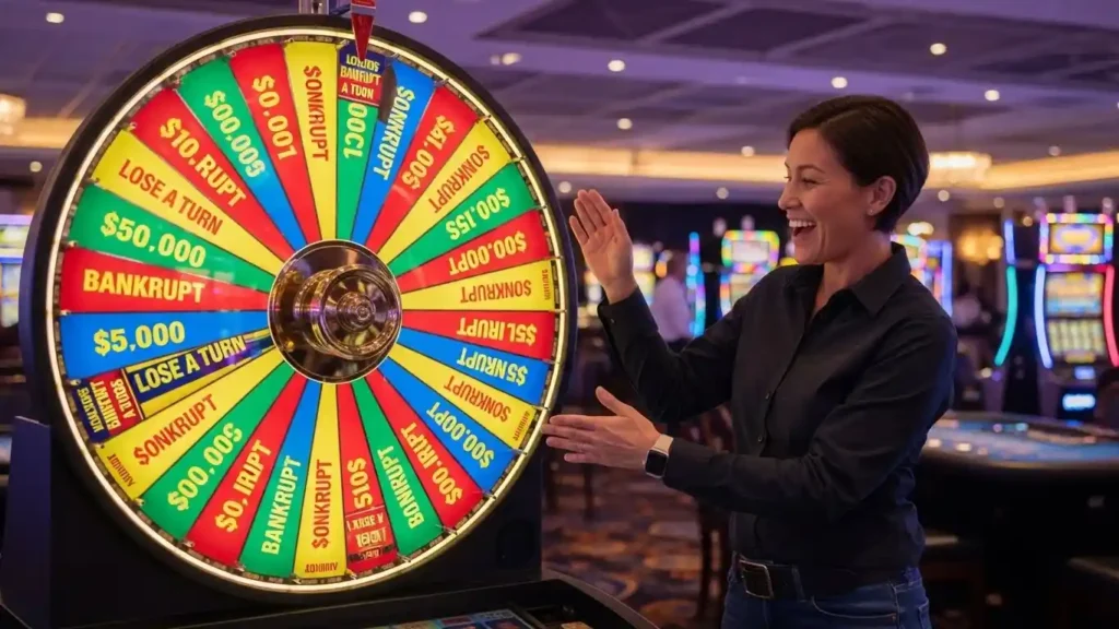 Adult gambler spinning casino wheel of fortune in a best online casino environment