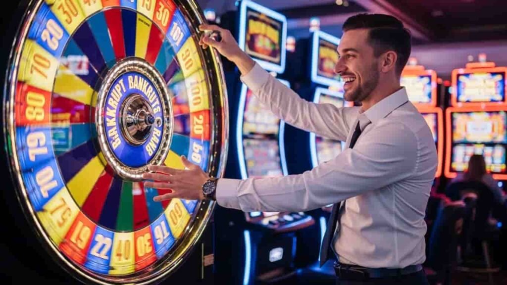 Confident adult playing wheel of fortune casino game on best online casino website