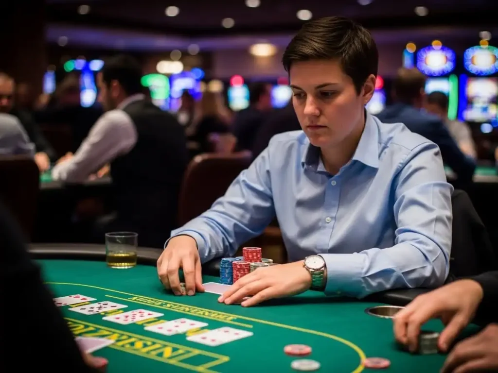 Poker player holding cards while enjoying online casino crown games