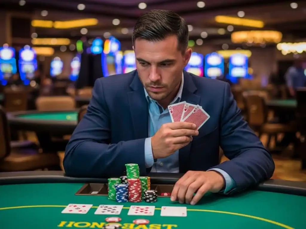 Person playing casino poker at a gaming table with tmt cash sweet bonanza
