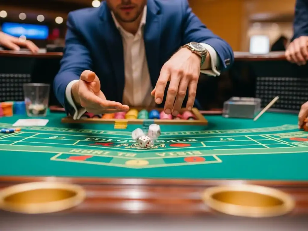 Person rolling dice at a casino table using tmt cash login