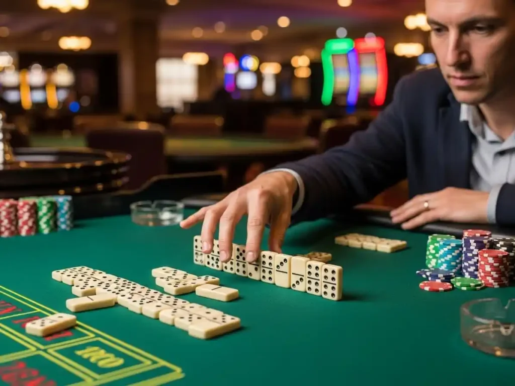 Casino domino player arranging tiles during live gameplay with tmt cash online casino