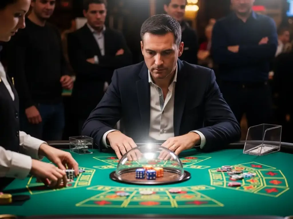 Professional gambler enjoying casino sic bo indoors using tmt cash app