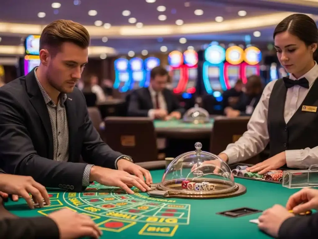 Person playing casino sic bo at a table using tmt cash app